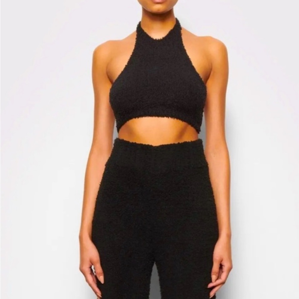Skims Onyx Fuzzy Halter Crop Top